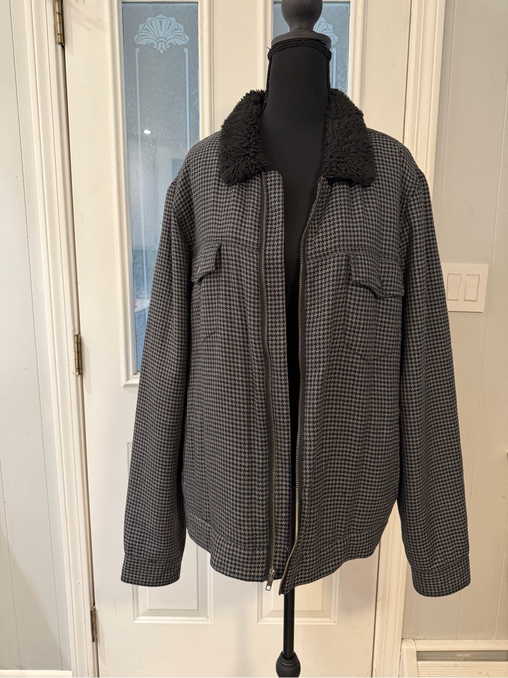 The Rail Black & Gray Houndstooth Bomber Jacket with Faux‎ Shearling Collar